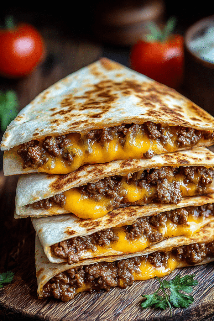 Smashburger Quesadillas stacked with melted cheddar cheese and juicy ground beef on a wooden board.