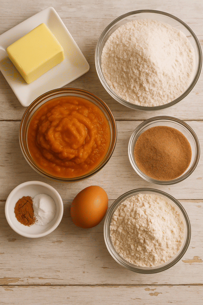 Pumpkin snickerdoodle ingredients including butter, flour, sugar, pumpkin puree, spices, and an egg on a rustic wooden surface.