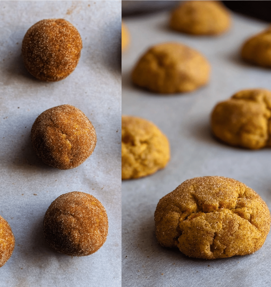 Pumpkin snickerdoodle dough balls before baking and freshly baked cookies on parchment paper.
