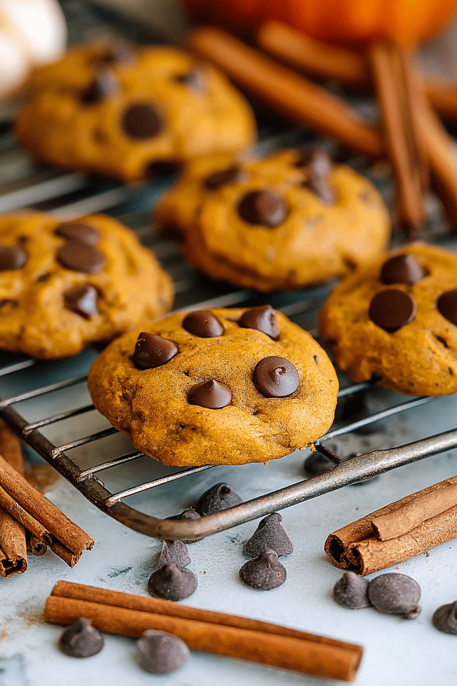 Pumpkin chocolate chip cookies cooling on a wire rack with cinnamon sticks and scattered chocolate chips.
