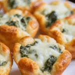Golden spinach dip bites with melted cheese on a white plate.