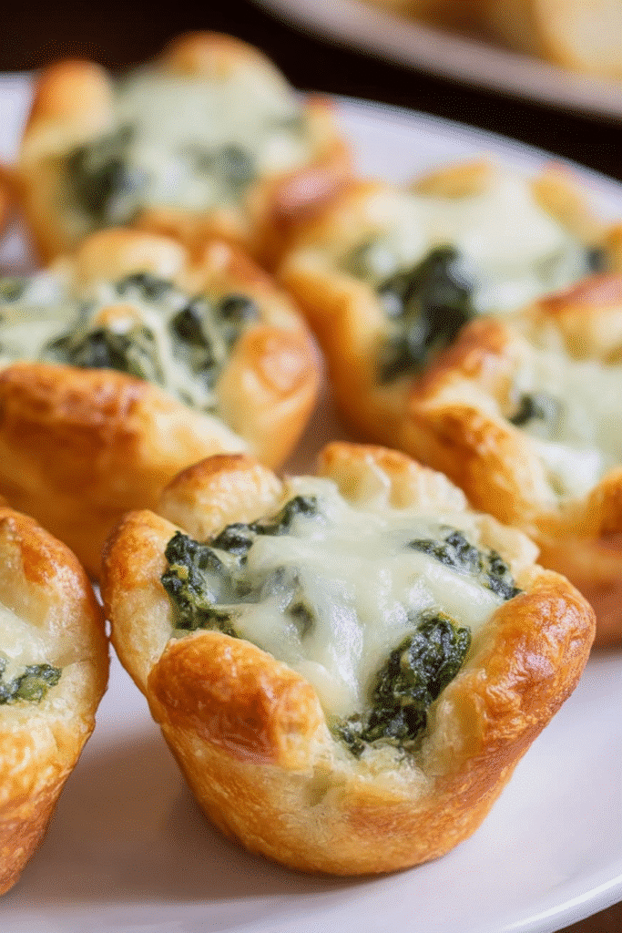 Golden spinach dip bites with melted cheese on a white plate.