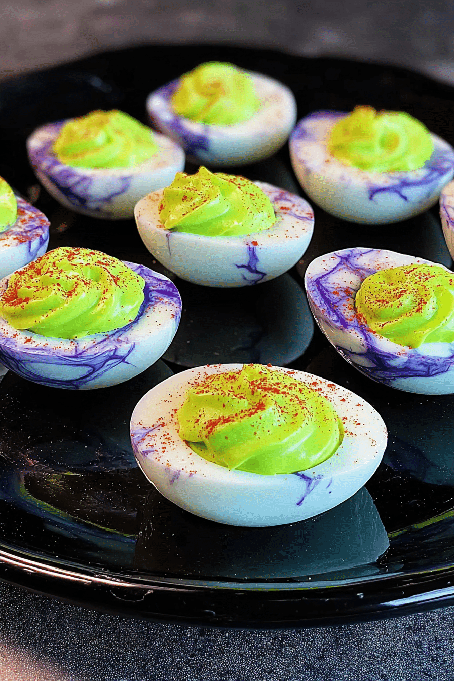 Halloween deviled eggs with purple marble-veined egg whites, neon green filling, and paprika garnish on a black platter.