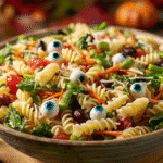Halloween eyeball pasta salad with rotini, fresh vegetables, and candy eyeball decorations.
