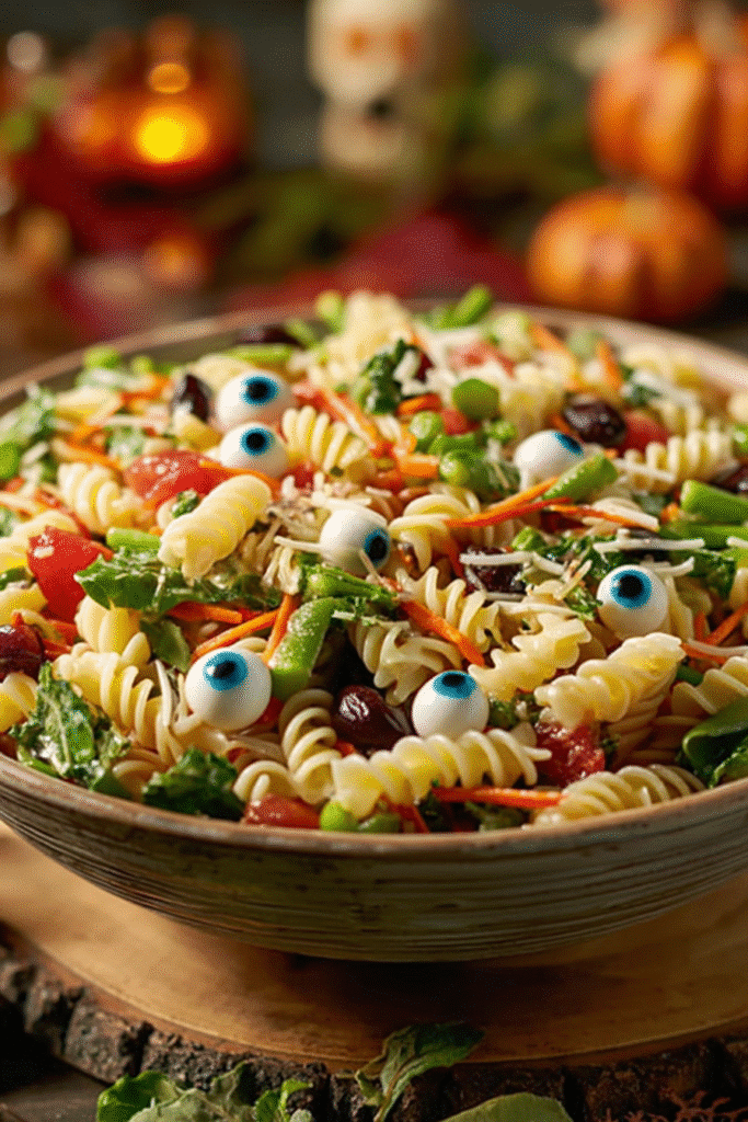 Halloween eyeball pasta salad with rotini, fresh vegetables, and candy eyeball decorations.