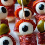 Skewered salami eyeballs made with mozzarella, green olives, and black olives for a spooky Halloween appetizer.
