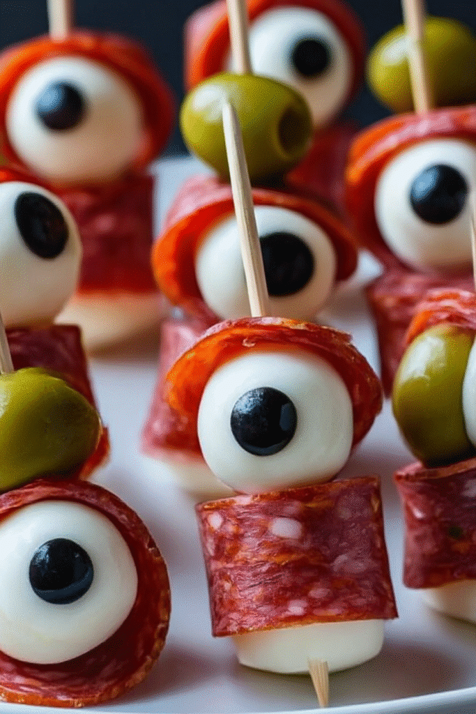 Skewered salami eyeballs made with mozzarella, green olives, and black olives for a spooky Halloween appetizer.