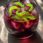 Glass of Witch’s Potion Punch with ice and green gummy worms, a spooky Halloween party drink.