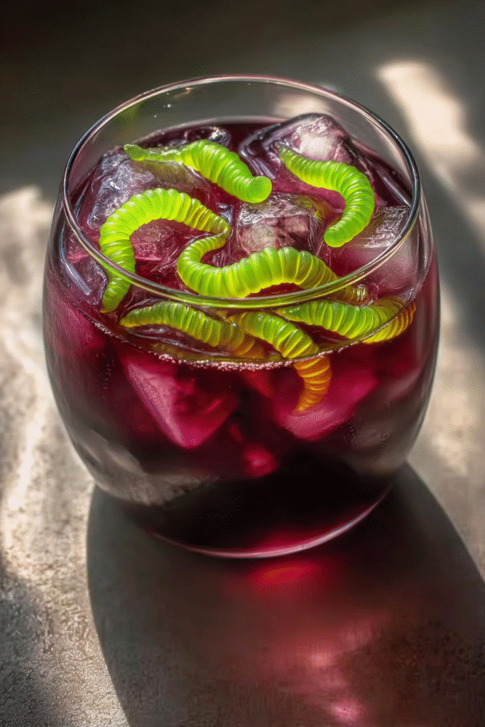 Glass of Witch’s Potion Punch with ice and green gummy worms, a spooky Halloween party drink.