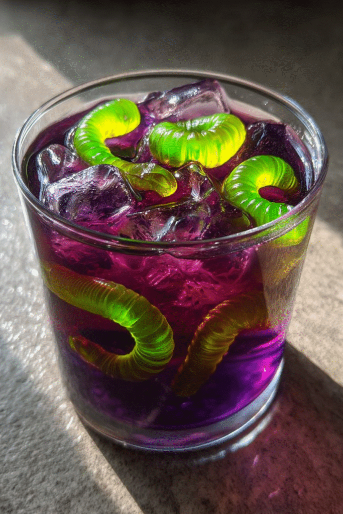 Witch’s Potion Punch with purple punch, ice cubes, and neon green gummy worms in a clear glass.