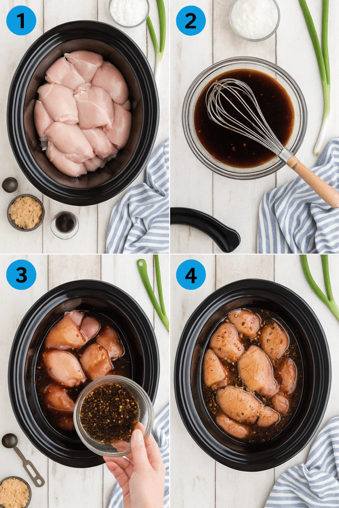 Step-by-step collage showing how to prepare crock pot bourbon chicken, from raw chicken to adding bourbon sauce in a slow cooker.
