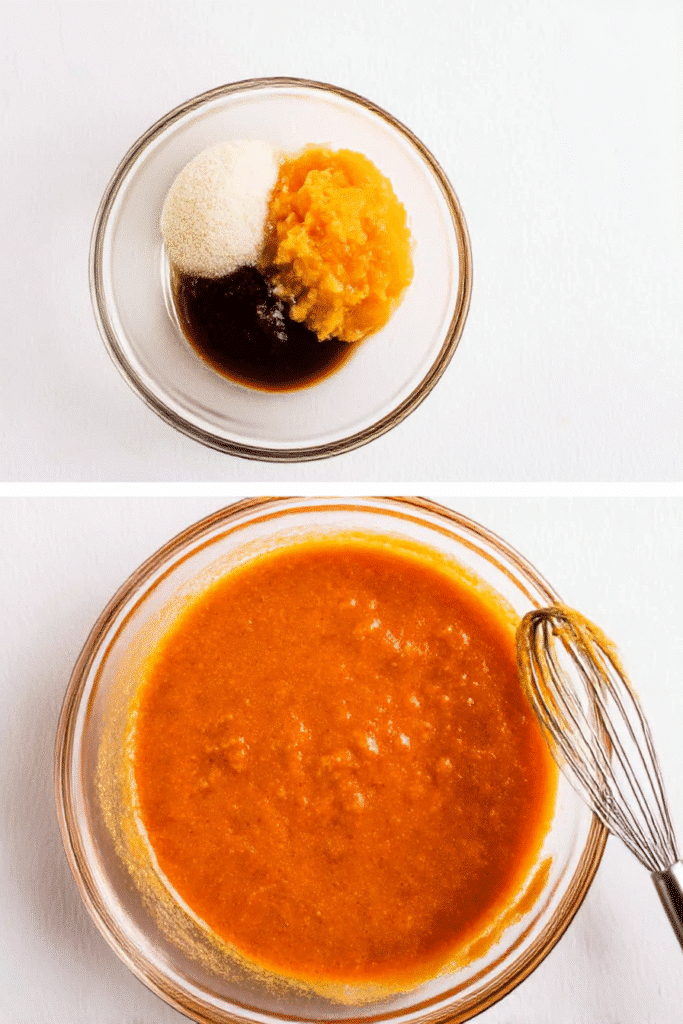 Pumpkin bread batter prep. Bowl with pumpkin puree, sugar, oil. Mixed batter with whisk. Step-by-step recipe for moist pumpkin bread.