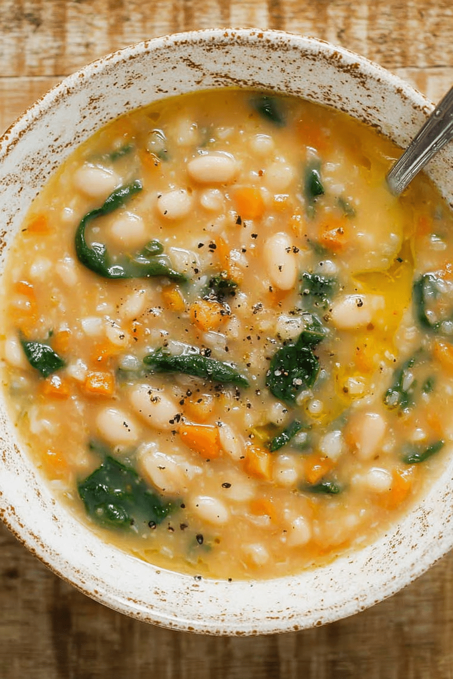 A bowl of the best white bean soup with spinach, carrots, and creamy broth on a rustic wooden table