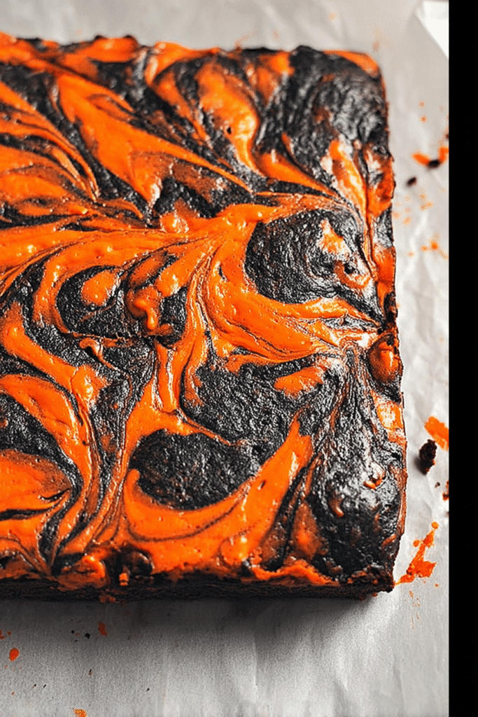 Whole slab of Halloween swirl cream cheese brownies with vivid orange and black marbled top, resting on parchment paper.