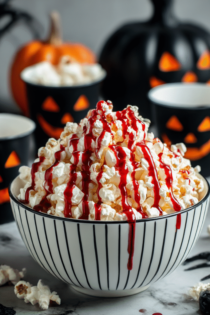 Vampire Bite Popcorn. Halloween popcorn with red drizzle in a striped bowl. Jack-o'-lanterns and pumpkins in background.