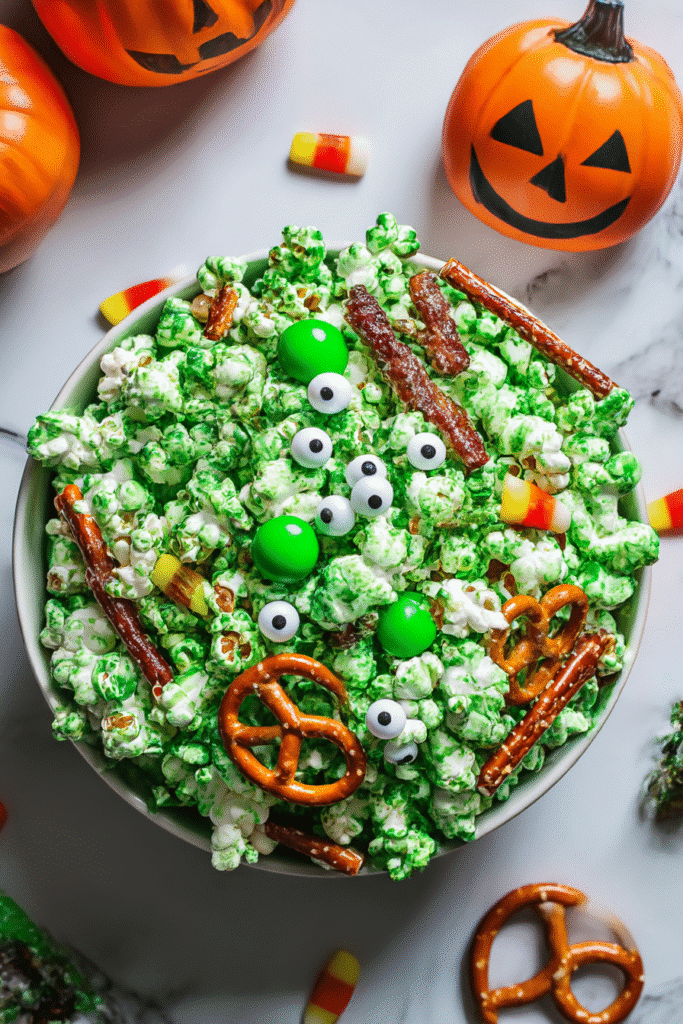 Witches Brew Halloween popcorn recipe. Green popcorn with candy eyeballs, pretzels, candy corn, and pumpkins.