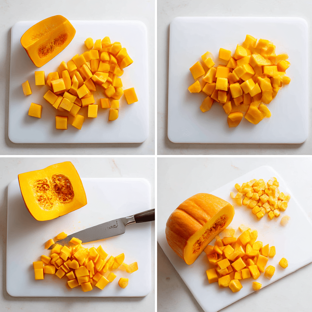 Step-by-step visual guide showing how to peel and dice pumpkin for roasting.