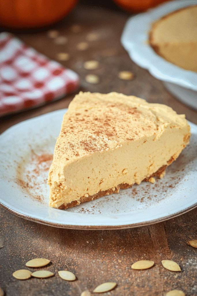 Slice of Pumpkin Fluff Pie with creamy whipped filling and cinnamon topping on a white plate.
