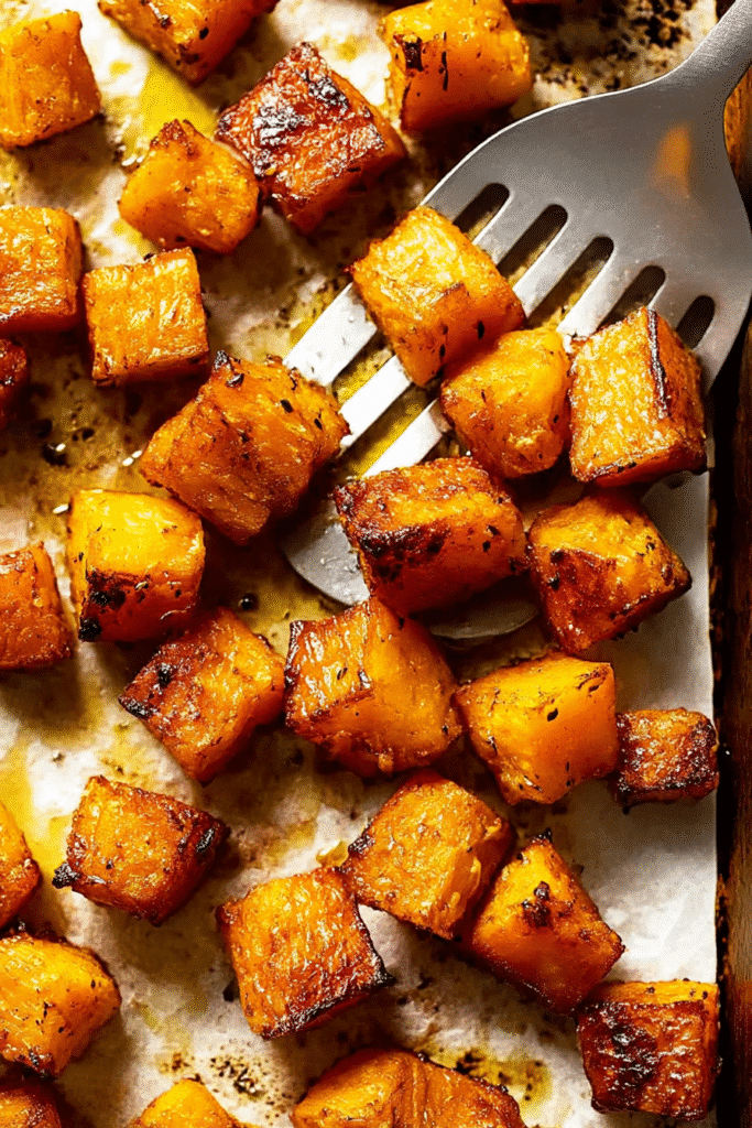 Golden roasted pumpkin cubes with crispy edges on a baking sheet, just out of the oven.