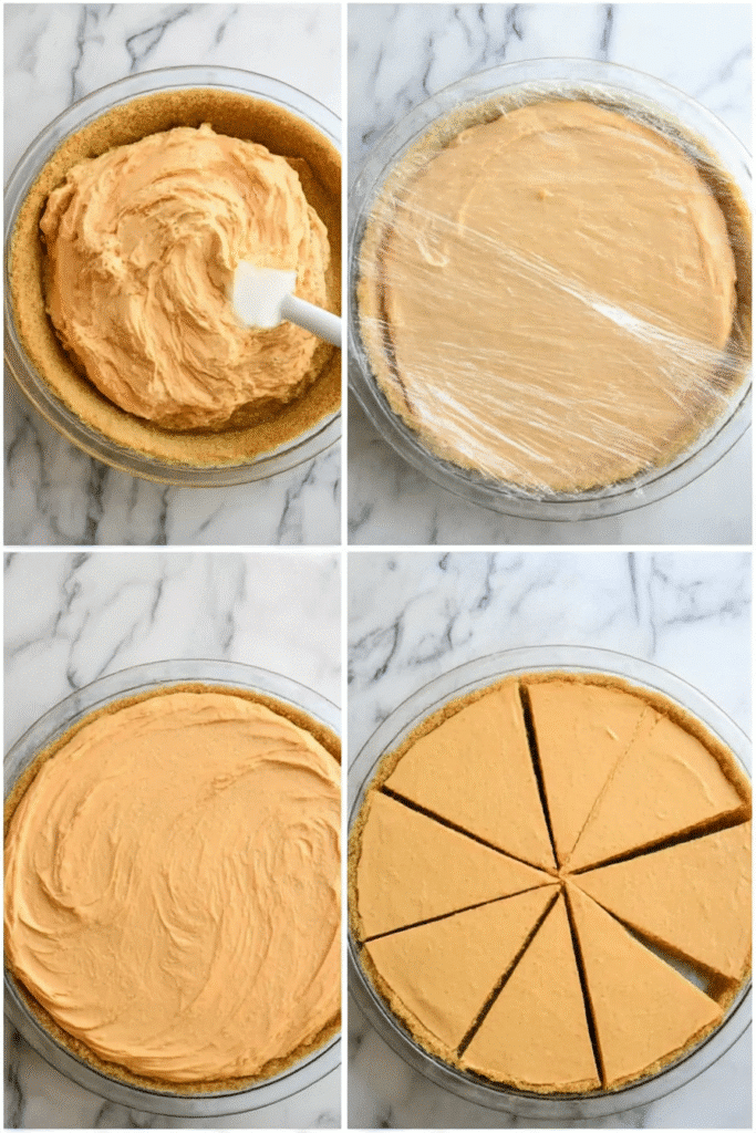 Step-by-step images showing how to assemble, chill, and slice Pumpkin Fluff Pie in a glass pie dish.