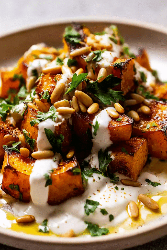 Roasted pumpkin with lemon yogurt sauce
