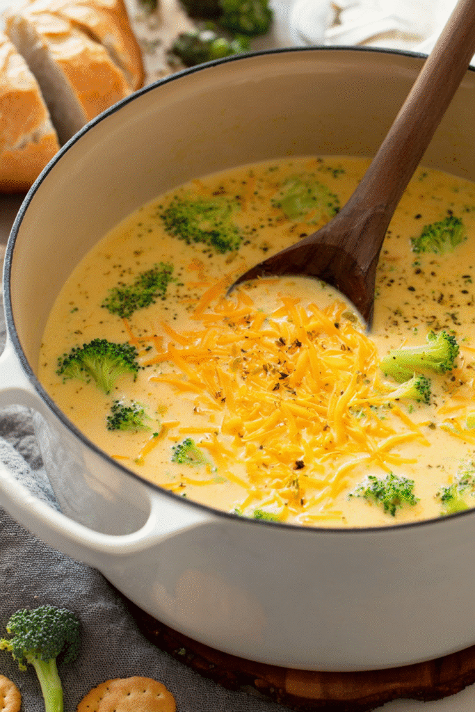 Pot of broccoli cheese soup with cheddar and broccoli florets in a white Dutch oven, stirred with a wooden spoon.