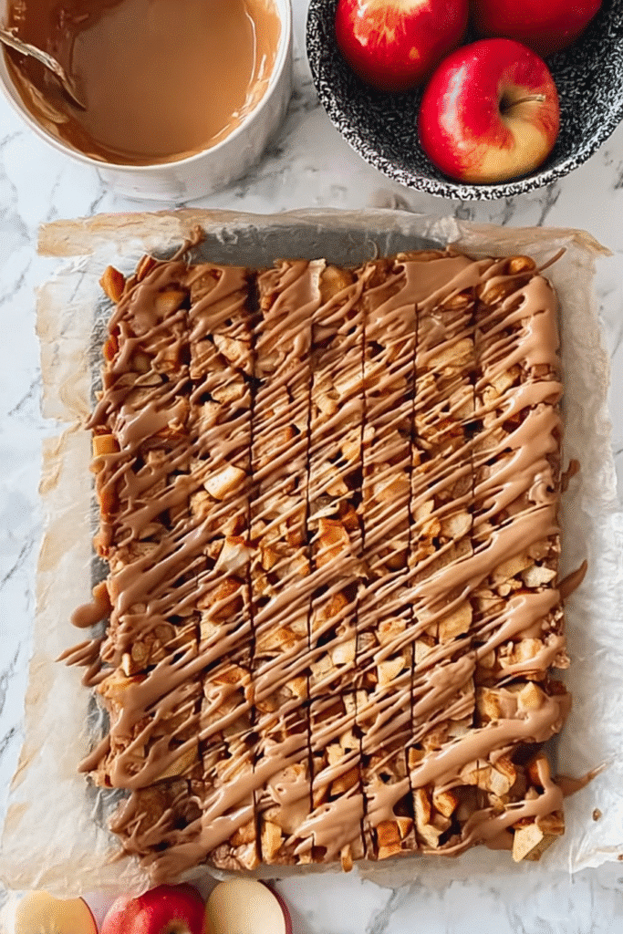 Freshly baked brown butter apple bars on parchment with cinnamon glaze drizzle and apples in the background.