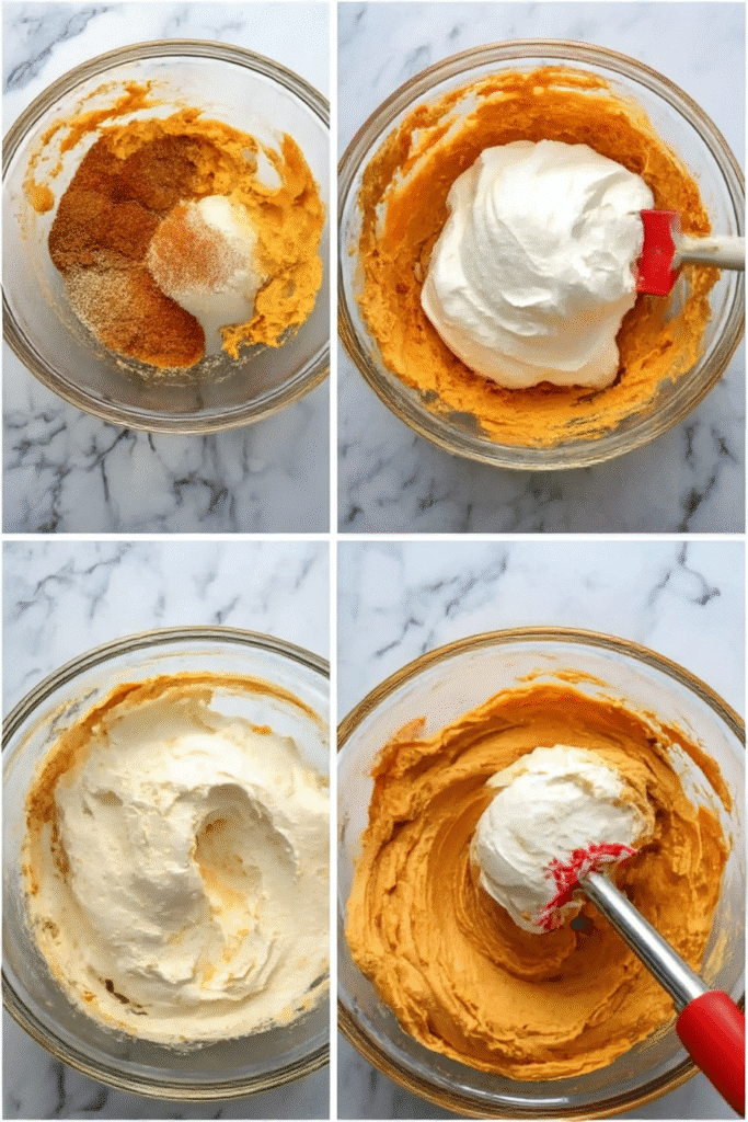 Step-by-step images showing how to make Pumpkin Fluff Pie filling by blending pumpkin, pudding, spice, and whipped topping.