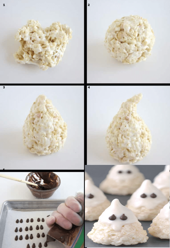 Step-by-step tutorial showing how to make Rice Krispie Treat Ghosts with marshmallow cereal mixture and chocolate eyes