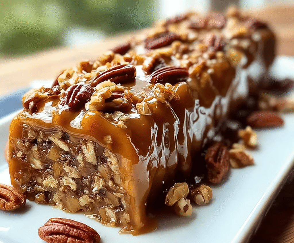 3-Ingredient Pecan Log topped with caramel and pecans