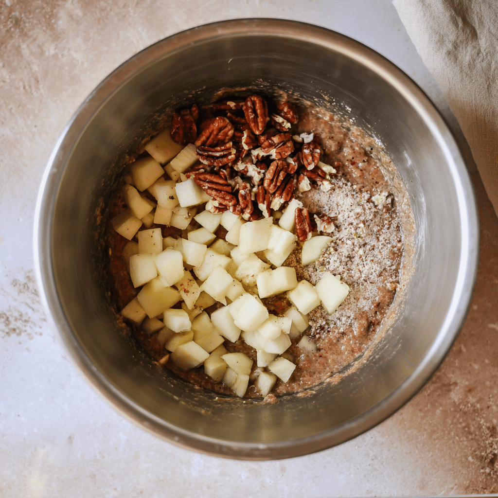 Chopped apples and pecans added to apple brownie batter in a mixing bowl