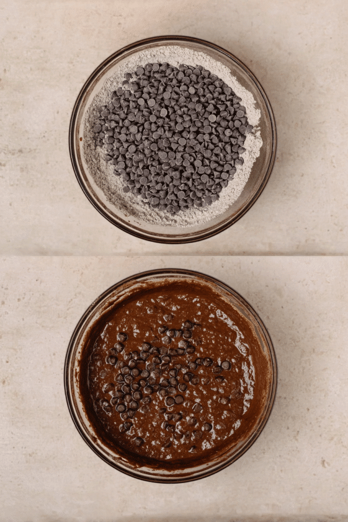 Step-by-step mixing of chocolate chips into chocolate pumpkin bread batter in a glass bowl.