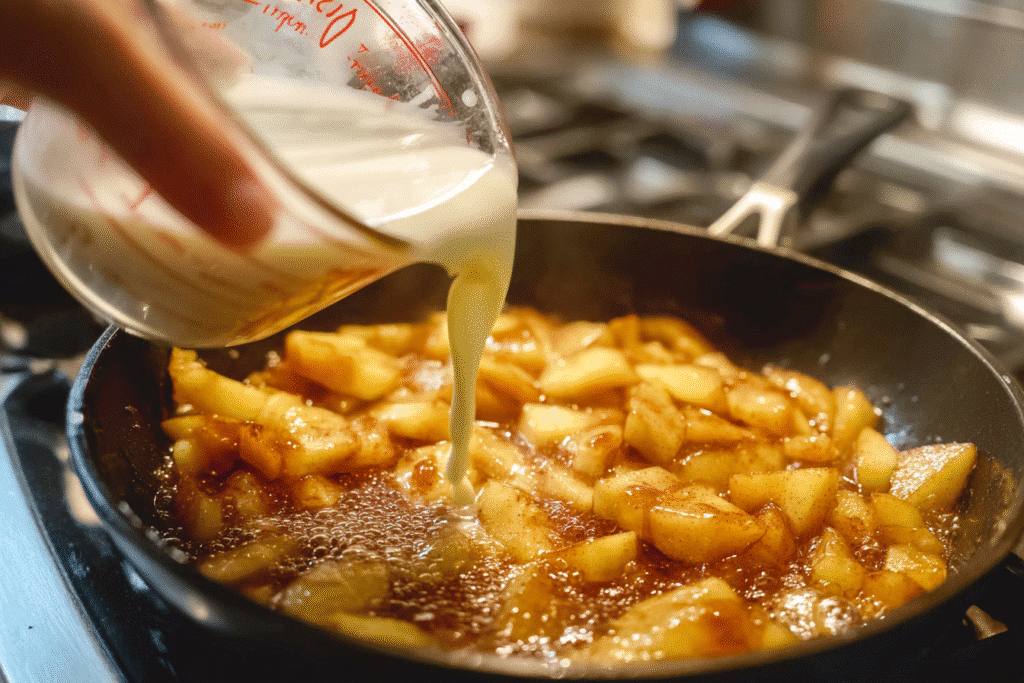 Pouring cream into cinnamon apple mixture for Cinnamon Roll Apple Pie