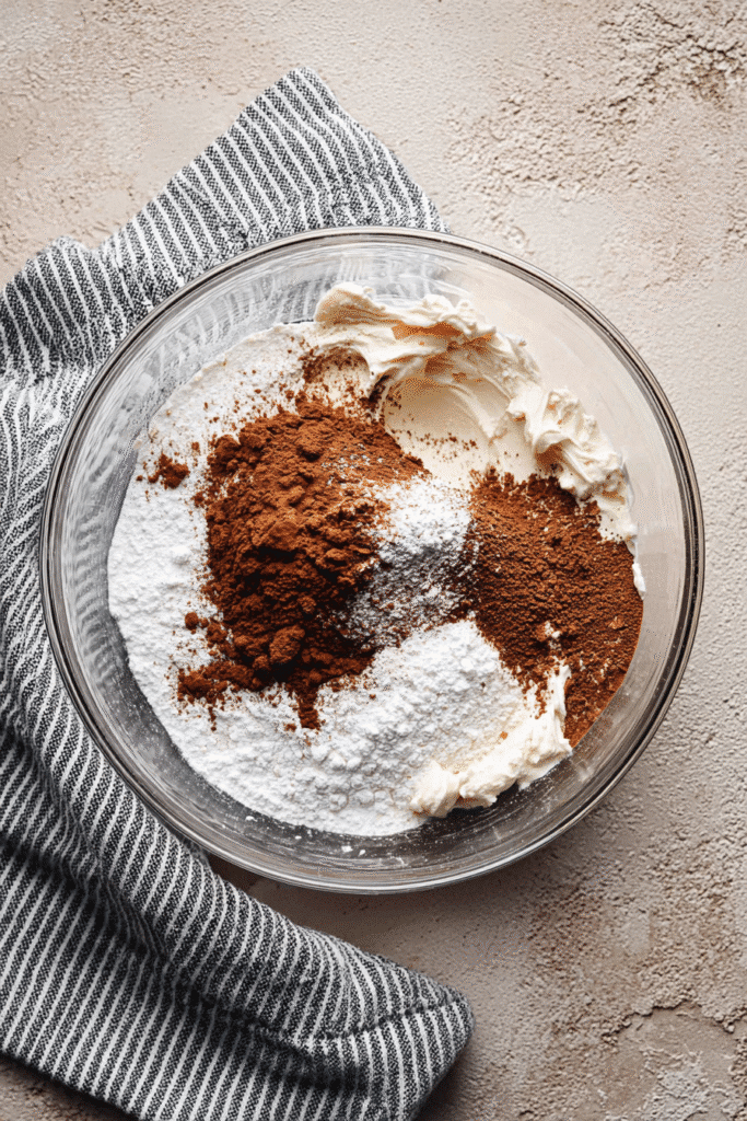 Cocoa powder, sugar, and flour added to whipped cream cheese for brownie batter dip recipe