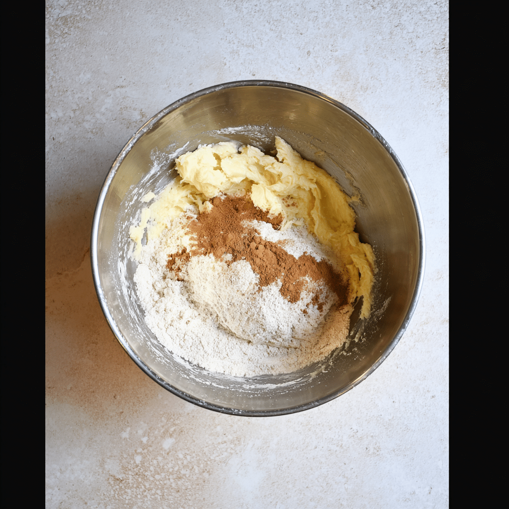 Flour and cinnamon added to creamed butter and sugar for apple brownies