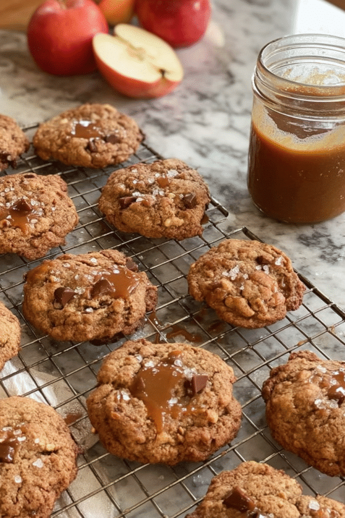 apple cider caramel cookies cooling with caramel sauce and apples in background