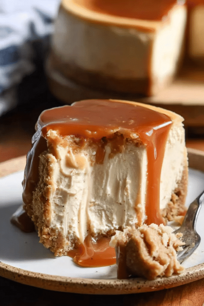 slice of apple cider cheesecake with caramel drizzle on white plate