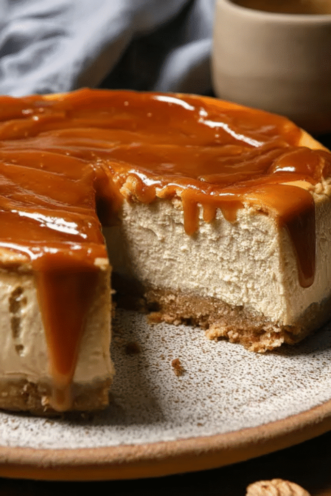 apple cider cheesecake with caramel topping and slice removed on ceramic plate
