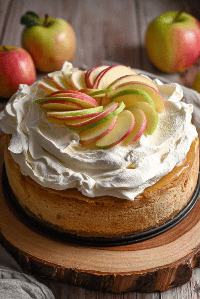 apple cider cheesecake topped with whipped cream and apple spirals on wood plate