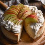 apple cider cheesecake with whipped topping and apple slices on rustic wood