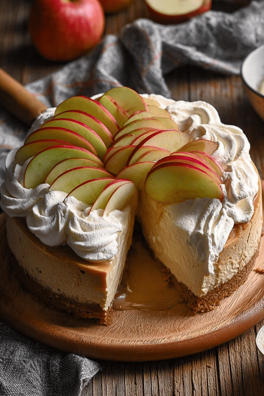 apple cider cheesecake with whipped topping and apple slices on rustic wood