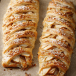 Apple puff pastry with cream cheese and apples on tray with green apples and cinnamon
