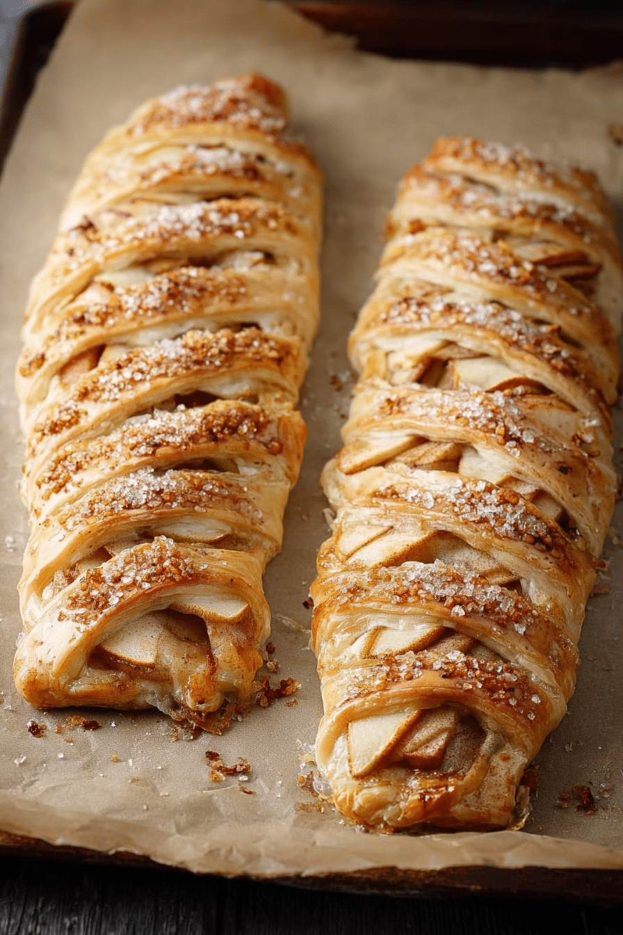 Apple puff pastry with cream cheese and apples on tray with green apples and cinnamon