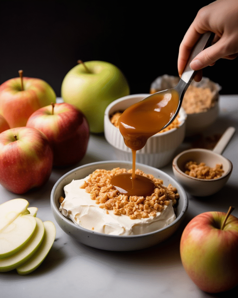 Hand dipping a green apple slice into cream cheese caramel apple dip topped with toffee bits