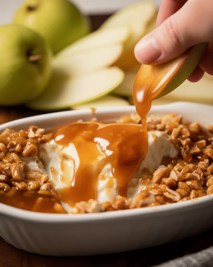 Hand dipping a green apple slice into cream cheese caramel apple dip topped with toffee bits