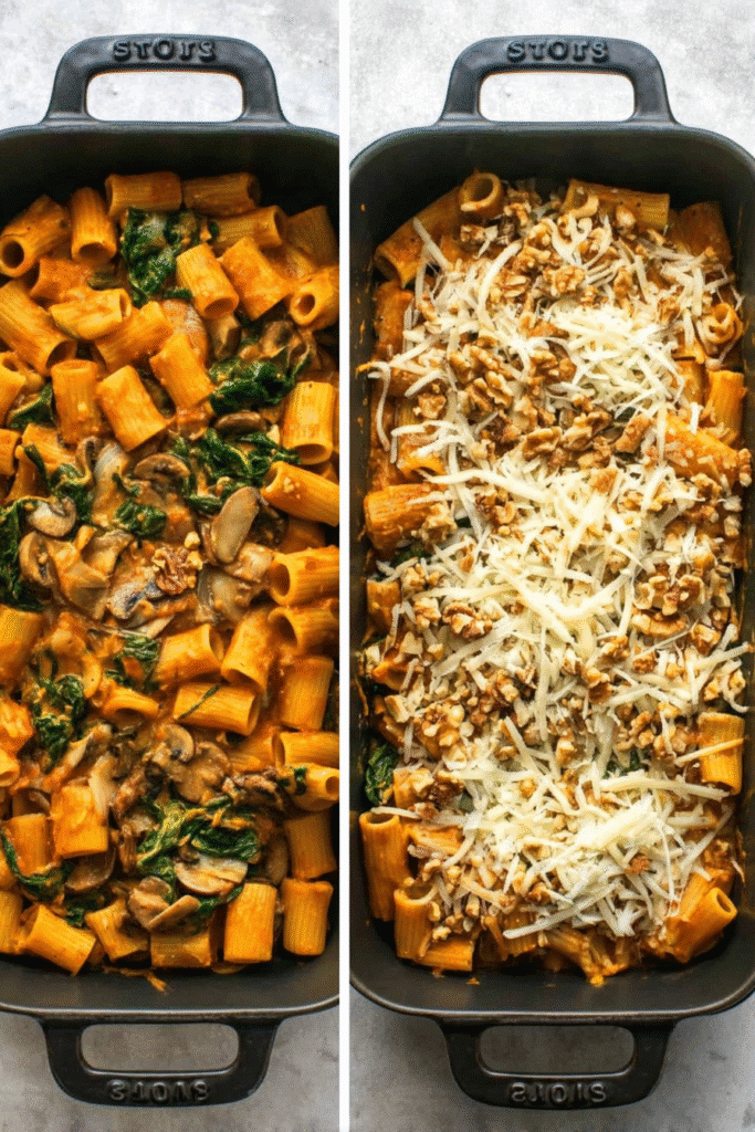 Pumpkin pasta bake in a Staub dish before baking, with rigatoni, mushrooms, and spinach, topped with cheese and walnuts.