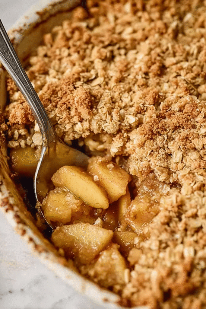 Freshly baked simple apple crumble with golden oat topping and tender apples.
