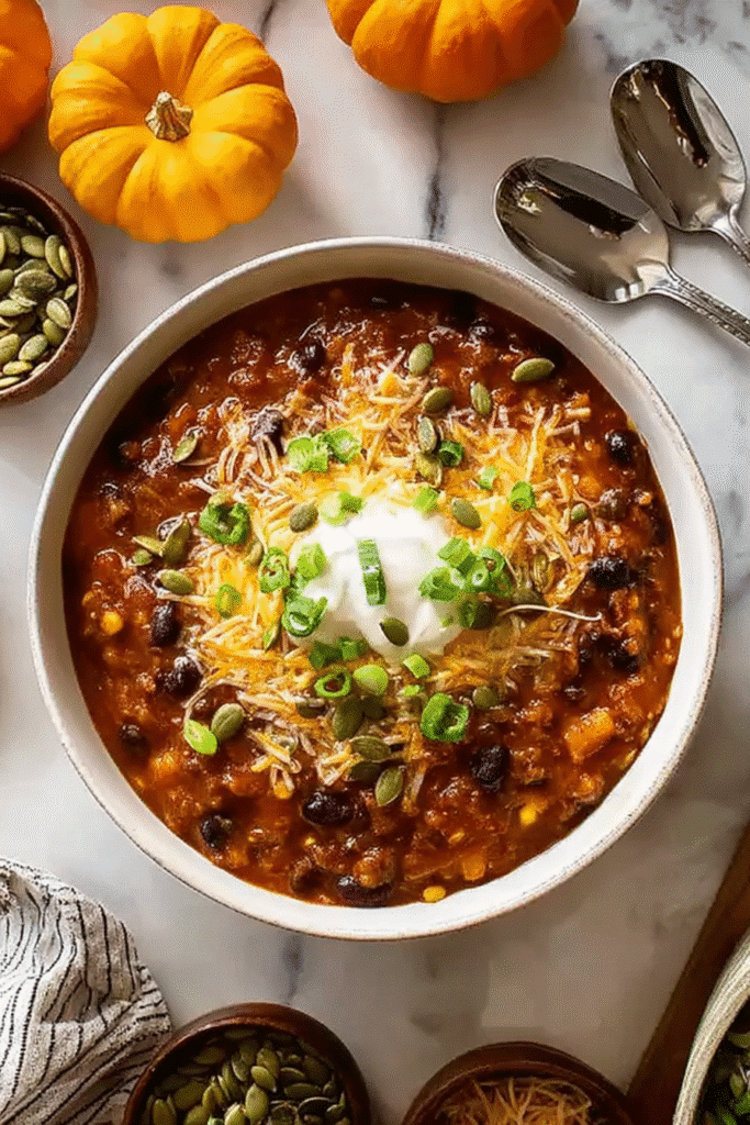 Top-down bowl of pumpkin chili topped with sour cream, cheese, green onions, and pepitas — styled with fall decor for a pumpkin chili recipe.
