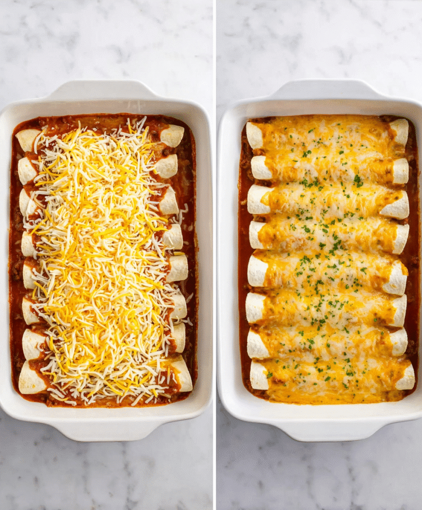 Before and after images of beef enchiladas in a baking dish—topped with shredded cheese before baking and fully melted and golden after baking.