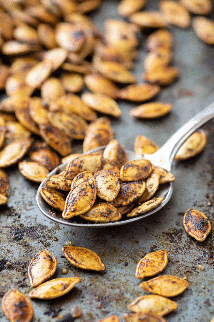 Pumpkin seeds recipe with roasted, crispy seeds served on a spoon over a rustic baking tray.